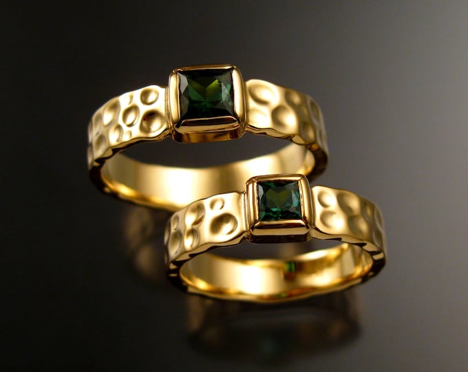 Green Tourmaline square Moonscape rings His and Hers matching Emerald substitute Wedding rings set in 14k Yellow Gold in your size