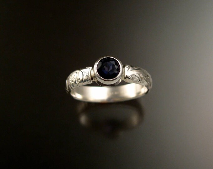 Iolite Natural gemstone sterling silver Sapphire substitute ring with Victorian floral pattern band made to order in your size