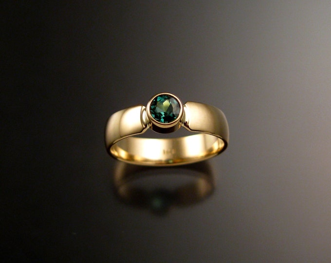 Green Tourmaline Emerald substitute Wedding ring 14k Yellow Gold bezel set ring made to order in your size