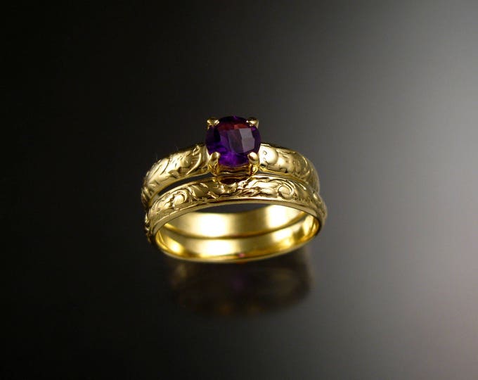Amethyst Wedding ring 14k Green Gold Victorian Floral pattern Engagement ring and matching band set made to order in your size