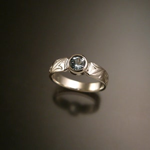 Aquamarine Sterling Silver Victorian flower and vine pattern bezel set ring made to order in your size