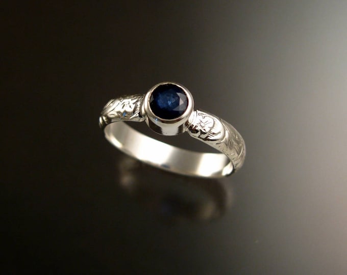 Sapphire Natural gemstone sterling silver Cornflower blue ring with Victorian floral pattern band size 9