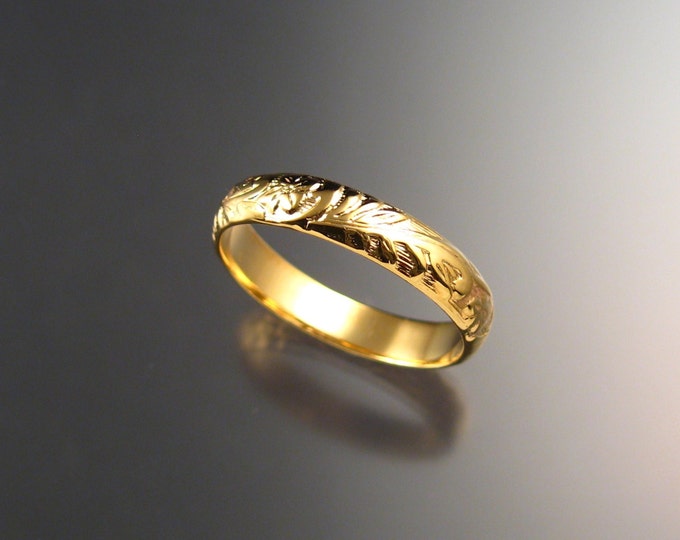 14k Yellow Gold wedding ring 4mm Floral pattern Band made to order in your large size Victorian wedding band