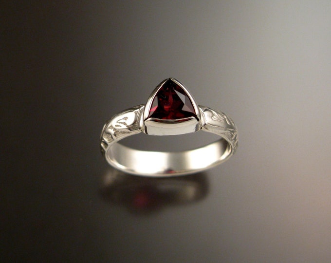 Garnet Triangle ring 14k White Gold Victorian bezel set stone ring made to order in your size