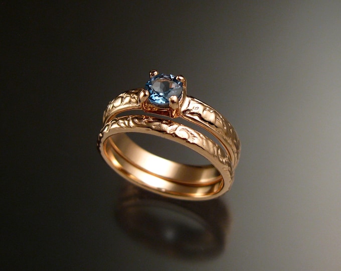 Aquamarine 14k Rose Gold Victorian floral pattern wedding ring set engagement two ring set Made to order in your size