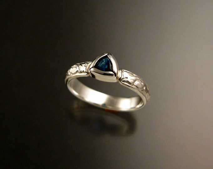 London Blue Topaz Triangle Wedding ring Sterling Silver Victorian bezel set stone ring made to order in your size