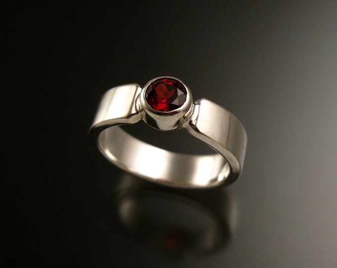 Garnet Sterling Silver handmade heavy rectangular band ring with bezel set stone ring made to order in your size