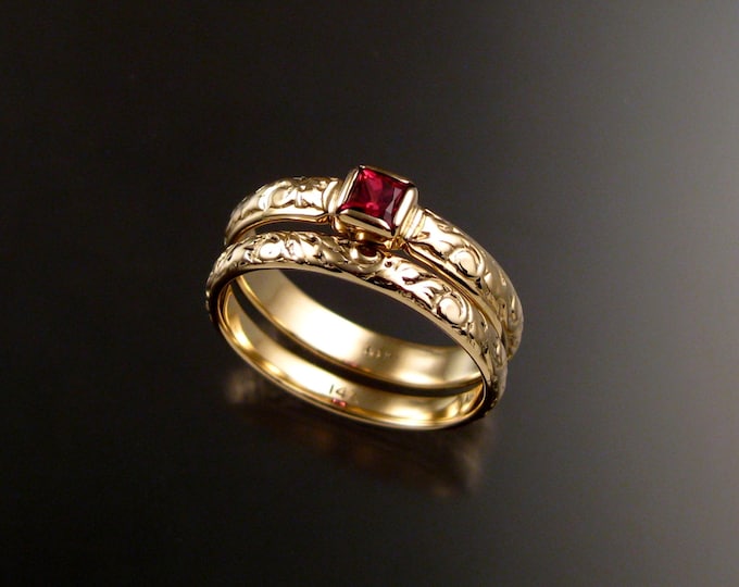 Spinel Wedding set 14k Yellow Gold Victorian bezel set Natural square cut Ruby Red stone two ring set made to order in your size