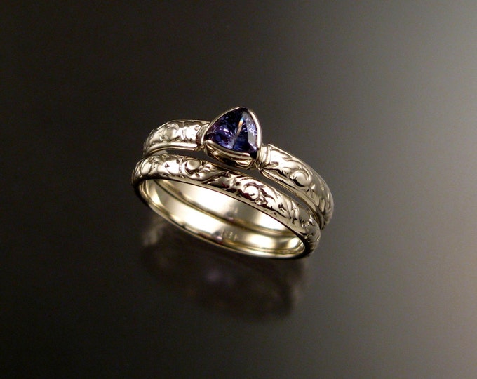 Tanzanite Triangle Wedding set 14k White Gold Victorian bezel set two ring set made to order in your size