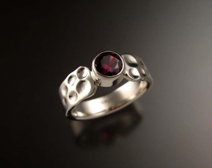 Garnet Raspberry red 6mm round Sterling Silver Bezel set stone ring with Moonscape band made to order in your size