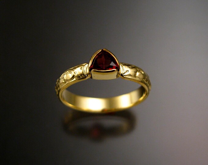 Garnet Triangle Wedding ring 14k Green Gold Victorian bezel set stone engagement ring made to order in your size