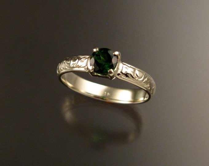 Green Tourmaline Wedding ring 14k White Gold Emerald substitute Victorian floral pattern ring made to order in your size