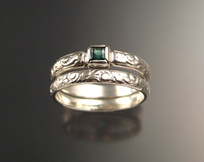 Emerald square Natural Colombian Emerald Wedding set Sterling Silver Victorian bezel set ring made to order in your size