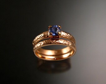 Sapphire Natural Violet/Blue Wedding set 14k Rose Gold Victorian rings made to order in your size