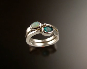 Stackable Mothers Birthstone ring set of Two asymmetrical Sterling silver rings handmade to order in your size with natural stones