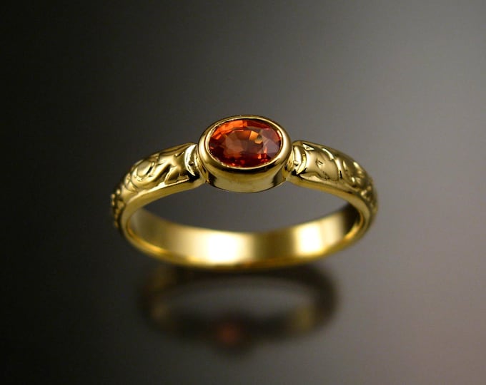 Padparadscha Sapphire Engagement ring 14k Green Gold natural Orange Sapphire with bezel set stone made to order in your size