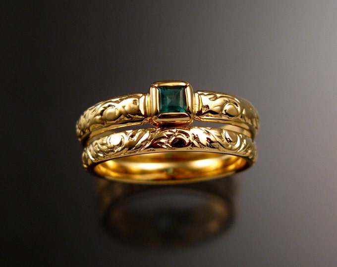 Emerald square  Wedding set 14k Yellow Gold Victorian bezel set ring made to order in your size