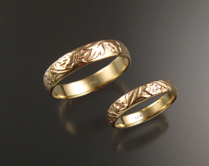 Yellow Gold wedding ring set flower and vine pattern Bands made to order in your sizes His and Her's 14k Victorian two ring set