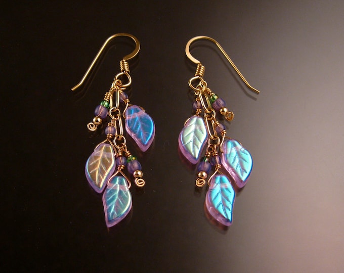 Czech Glass "Leaves" and Gold Filled Earrings Violet