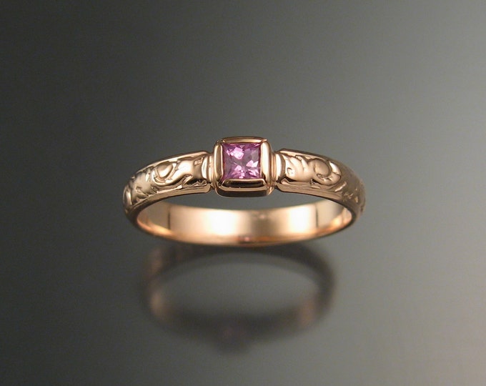 Pink Sapphire Princess cut stone Wedding ring 14k Rose Gold Victorian bezel set Pink Diamond substitute ring made to order in your size