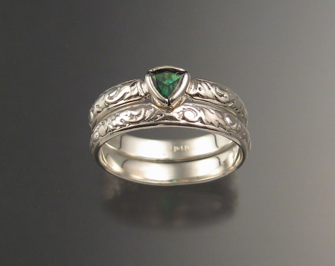 Green Garnet Triangle Wedding set 14k White Gold Victorian bezel set Tsavorite Garnet ring made to order in your size