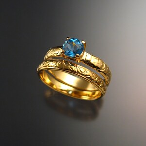 Blue Topaz Wedding set 14k Yellow Gold ring made to order in your size 画像 3