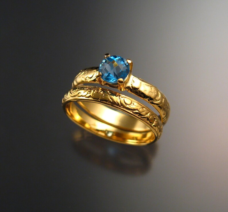 Blue Topaz Wedding set 14k Yellow Gold ring made to order in your size 画像 3