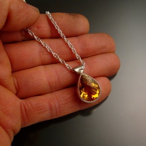 Citrine adjustable length necklace handmade in Sterling silver with bezel set stone checkerboard cut pear shaped drop image 4