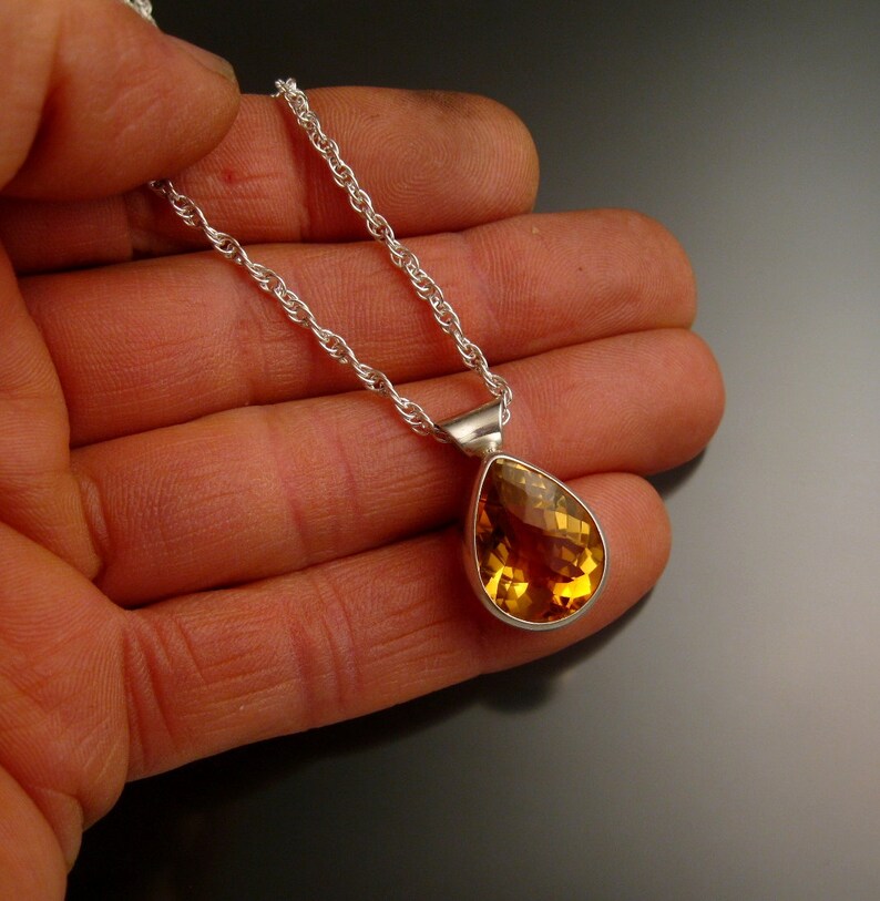 Citrine adjustable length necklace handmade in Sterling silver with bezel set stone checkerboard cut pear shaped drop image 4