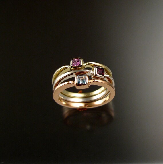 Stackable Mothers ring set of three 14k Yellow, White, and rose Gold  premium square birthstone stacking rings Made to order in your size