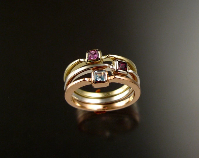 Stackable Mothers ring set of three 14k Yellow, White, and rose Gold premium square birthstone stacking rings Made to order in your size