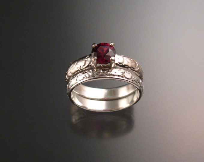 Garnet Natural Raspberry Rhodolite Garnet Wedding set 14k White Gold Ruby substitute ring made to order in your size