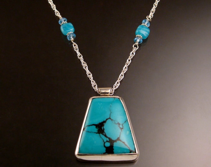 Turquoise Necklace Sterling Silver large stone pendant Handmade adjustable length necklace