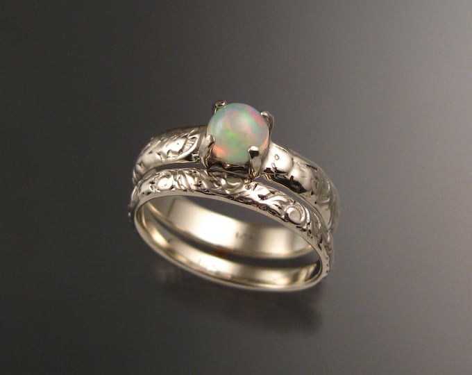 Opal and 14k white gold Natural Ethiopian Opal Wedding Ring Set Victorian floral pattern band made to order in your size