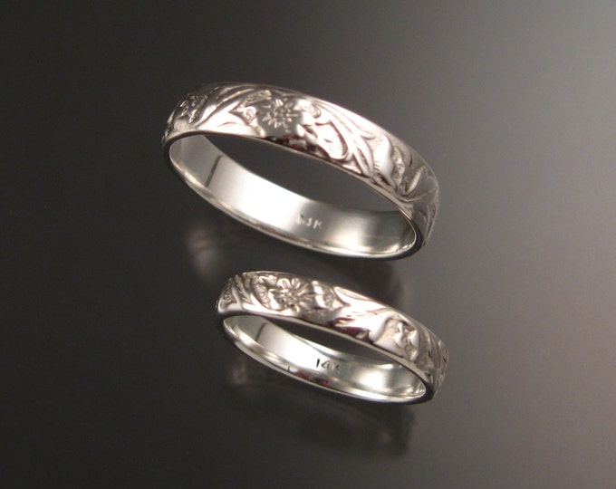 14k White Gold His and Her's flower and vine pattern Band wedding ring set made to order in your sizes Victorian two ring set