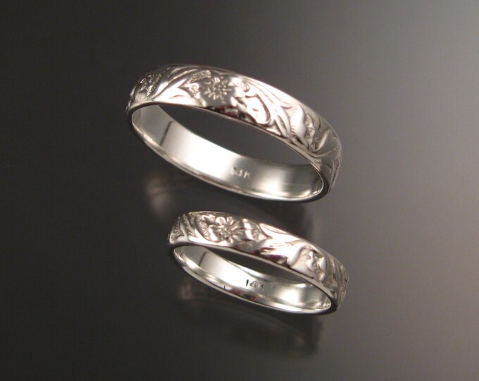14k White Gold His and Her's flower and vine pattern Band wedding ring set made to order in your sizes Victorian two ring set