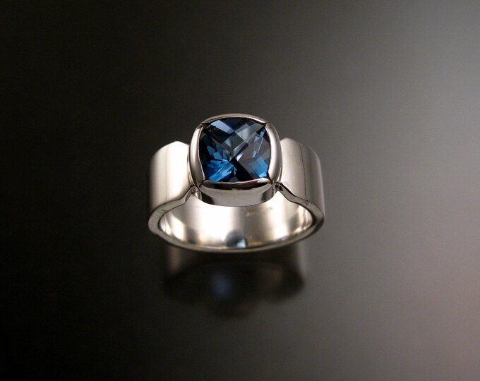 London Blue Topaz ring deep blue Sapphire substitute Cushion cut stone Sterling Silver handmade to order in your size