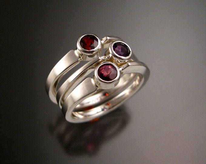 Stackable Mothers Birthstone ring set of Three asymmetrical 4mm round Sterling silver rings made to order in your size with natural stones