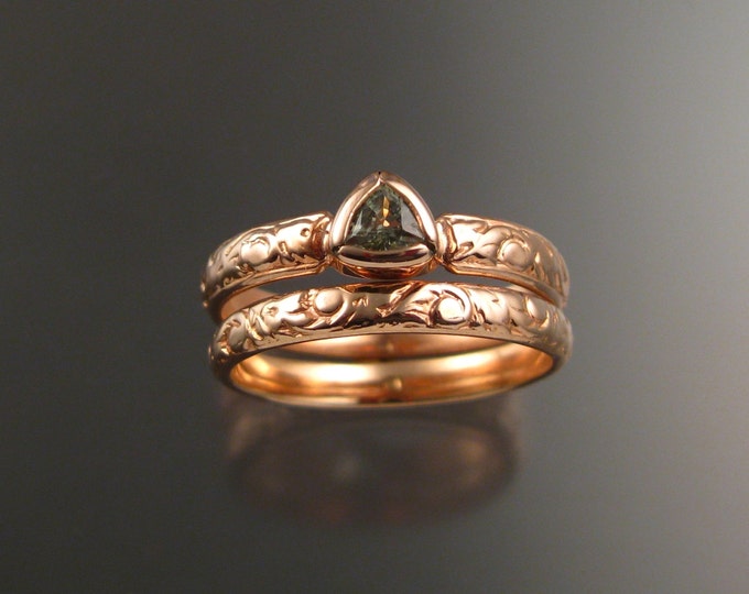 Green Sapphire Triangle Wedding set 14k Rose Gold Victorian bezel set stone two ring set made to order in your size