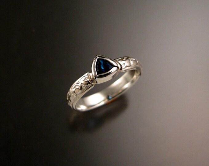 London Blue Topaz Triangle Wedding ring 14k White Gold Victorian bezel set stone ring made to order in your size