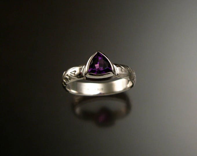 Amethyst ring Sterling Silver Triangle Stone with bezel setting Victorian Floral pattern ring made to order in your size