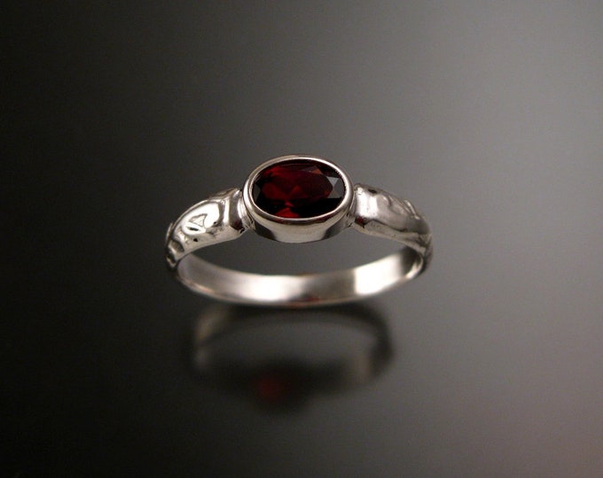Garnet Ring Sterling Silver 5x7mm oval Victorian floral pattern band Sterling Silver Handmade to order in your size