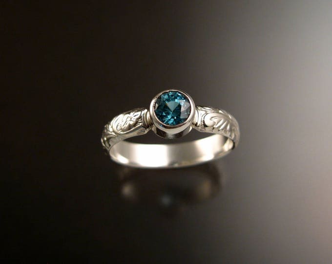 Blue Zircon ring Sterling Silver blue Diamond substitute Victorian floral pattern ring made to order in your size