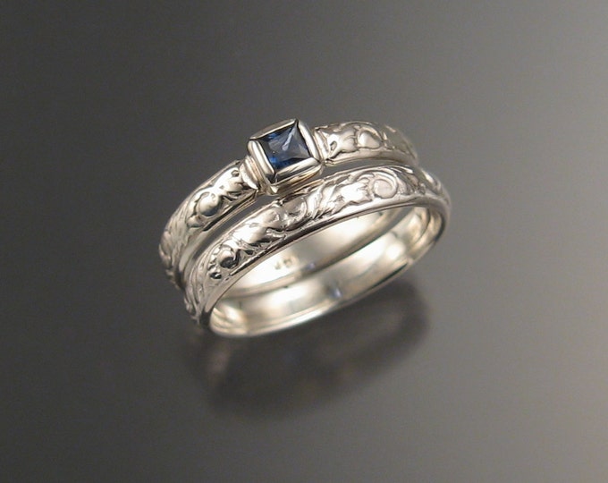 Sapphire Cornflower blue Natural Square cut stone Wedding set 14k White Gold Victorian bezel set  ring made to order in your size