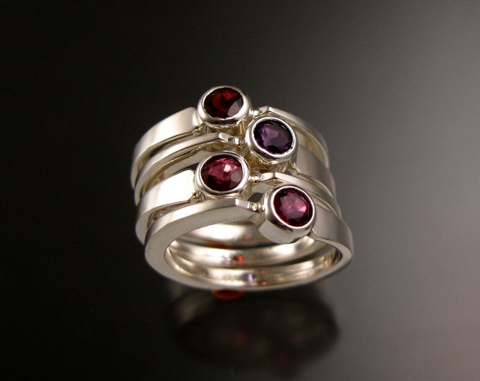 Stackable Mothers Birthstone ring set of Four asymmetrical 4mm round Sterling silver rings made to order in your size with natural stones