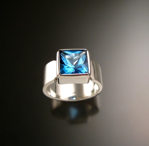 Blue Topaz Large Square Stone Sterling Silver Ring Handmade to