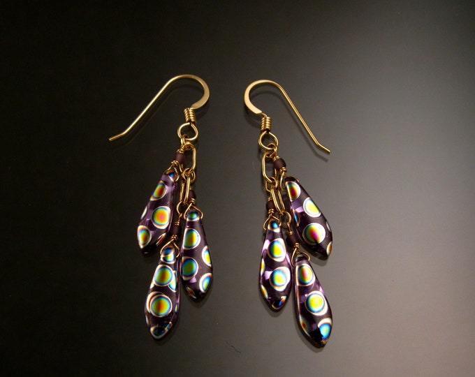 Czech Glass "Dagger " Earrings Gold-filled Polka-dot pattern Purple