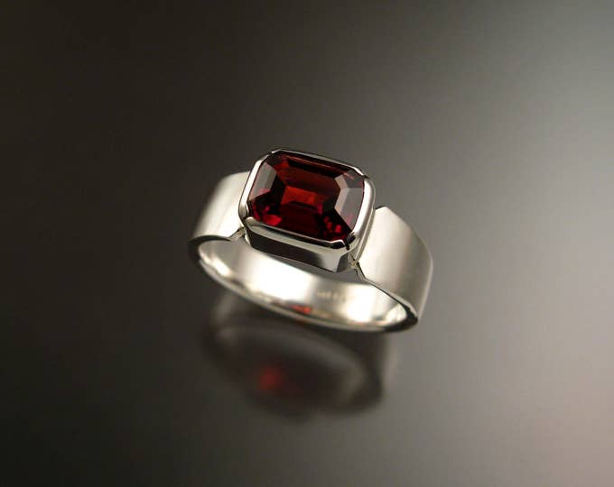 Garnet red 7 x 9mm rectangular stone Sterling Silver Bezel set ring with cold forged tapered band made to order in your size