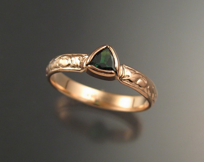 Tsavorite Garnet Triangle Wedding ring 14k Rose Gold Victorian bezel set Emerald substitute made to order in your size