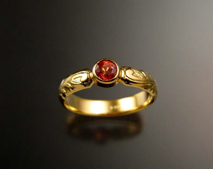 Orange Sapphire Wedding ring 14k Yellow Gold Victorian floral pattern bezel set Padparadscha ring made to order in your size